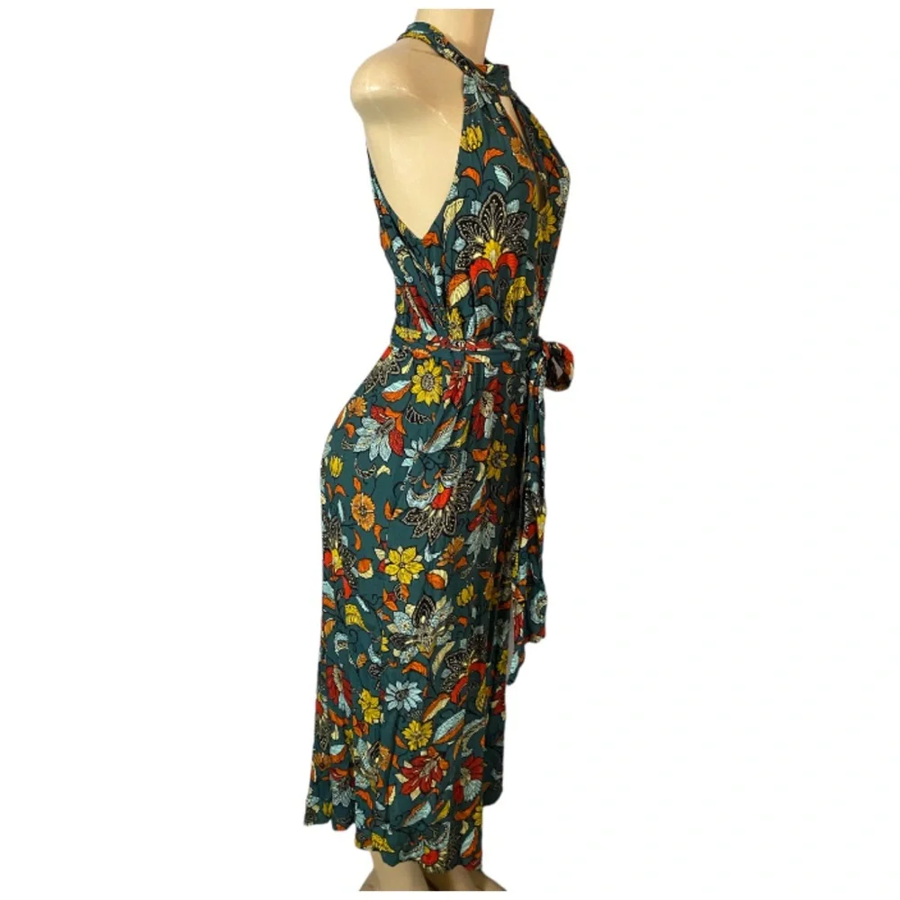 Anthropologie Geneva Halter Wide-Leg Jumpsuit Small Teal Green Floral Paisley - Picture 5 of 10